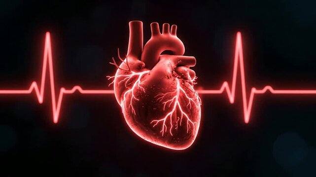Vibrant glowing red human heart with an active electrocardiogram (ECG) line, symbolizing health, vitality, and medical care on a dark background