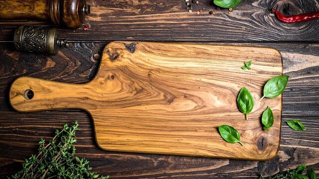 Overhead shot of rustic wooden cutting board with fresh basil, spices, and pepper grinder
