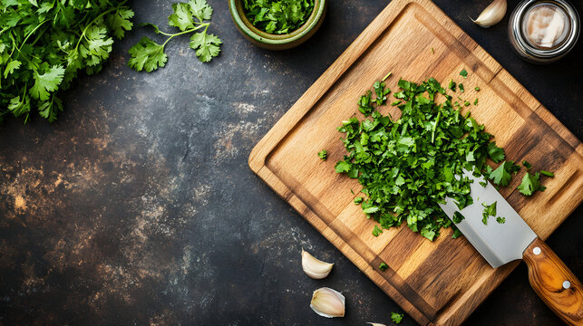 Chopped cilantro on a wooden cutting board with kitchen knife