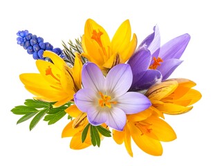 A vibrant floral arrangement showcasing crocuses with yellow, purple, and blue accents, isolated on a clean white background