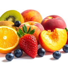 A vibrant fruit assortment featuring peaches, strawberries, blueberries, kiwi, and orange against a stark white background