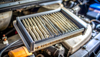Close-up of a very dirty and clogged car engine air filter resting on engine components, showing extensive dust and