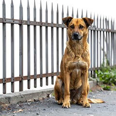 A reddish-brown dog sits upright near a grey iron fence, outside against an out-of-focus background