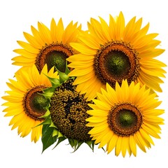 A bright arrangement of four sunflowers with golden petals and dark centers, plus a seed-filled sunflower head