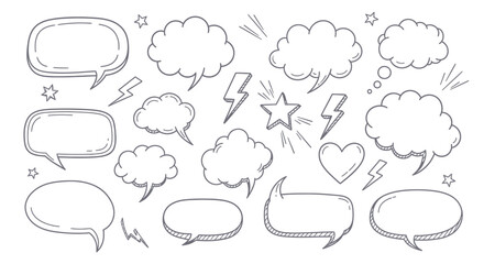 Fototapeta premium A collection of hand-drawn speech bubbles, thought clouds, stars, lightning bolts, and a heart, presented in a black and white sketch style.