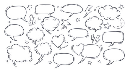 A collection of hand-drawn speech bubbles, thought clouds, hearts, and lightning bolts in a doodle art style.