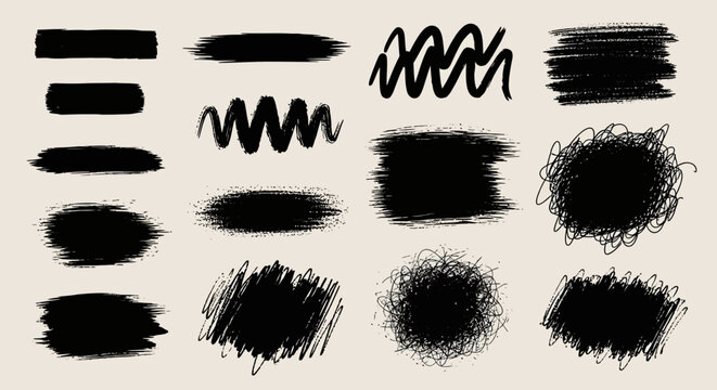 A collection of black brush stroke textures and scribbles on a beige background.