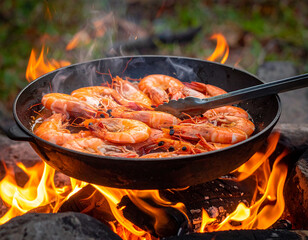 Close-up of large pink shrimp being cooked in a cast iron skillet over a blazing campfire with intense flames