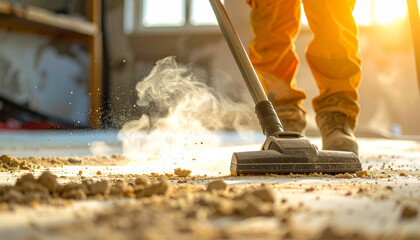 Construction Worker Using Vacuum Cleaner To Clean Dusty Floor In Sunlight With Dust Particles