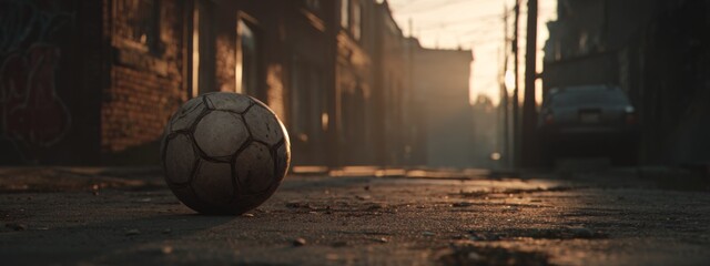 Urban Street Scene at Dusk with Soccer Ball on Dirt Pavement and Cinematic Lighting Effects