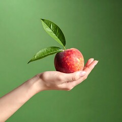 A ripe peach with green leaves held delicately in a hand, set against a smooth, gradient green backdrop