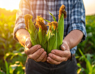Farmer holding freshly harvested green corn cobs with golden sunset light in a field maize
