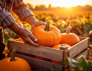 Farmer's hands carefully placing a vibrant orange pumpkin into a rustic wooden crate during a golden sunset harvest