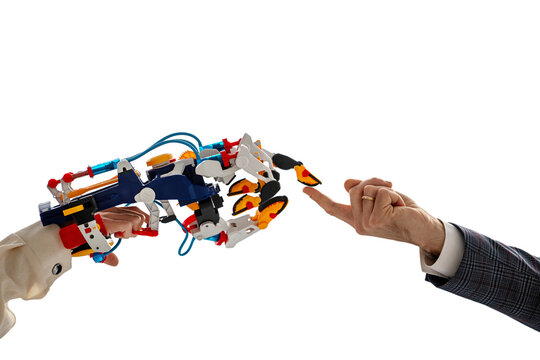 robotic arm touches a human finger. STEAM education