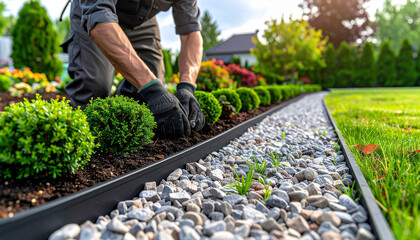 Gardener wearing black gloves planting small green boxwood bushes in dark soil next to a gravel path and manicured lawn