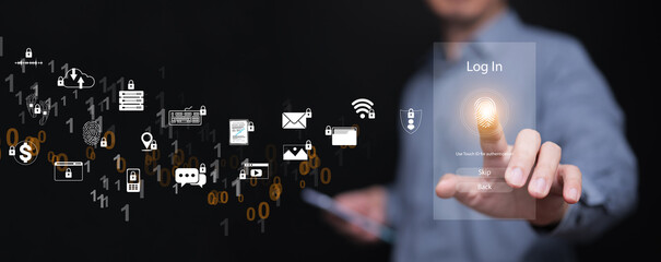 Businessman uses fingerprint scan on virtual login interface for biometric authentication, representing cybersecurity, digital identity verification, and secure data access in modern technology.