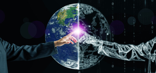 A human hand reaches toward a digital twin across Earth, symbolizing global connection between real and virtual worlds, artificial intelligence, and the future of digital transformation.