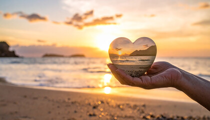 Hand holding a transparent heart filled with a beach sunset scene at golden hour with ocean waves Keywords: hand