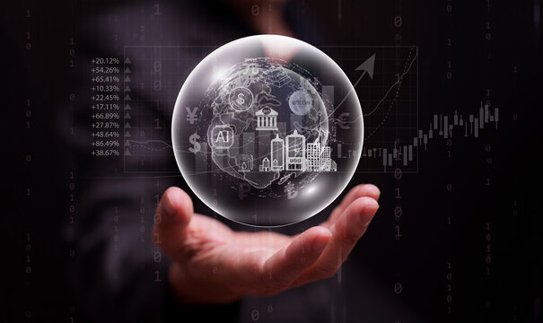 Global economic bubble showing banks, AI, bitcoin, gold, real estate, and stock market icons inside a fragile sphere. An overvalued financial system and the risk of worldwide economic collapse.
