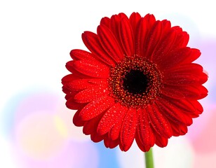 A vibrant, red gerbera daisy with water droplets, set against a soft, colorful bokeh background