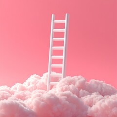 White ladder ascends from fluffy pink clouds in a vibrant, dreamy, pastel-colored scene