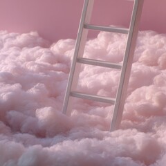 A white ladder ascends through fluffy, pastel pink clouds against a matching backdrop