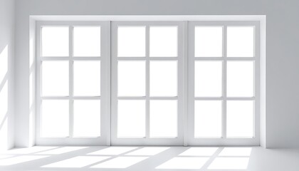 A bright white room featuring a large paneled window illuminated by sunlight casting geometric shadows on the floor