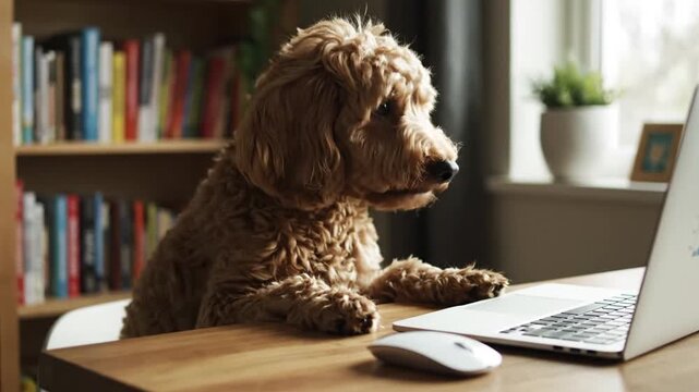 Dog working on laptop at desk.