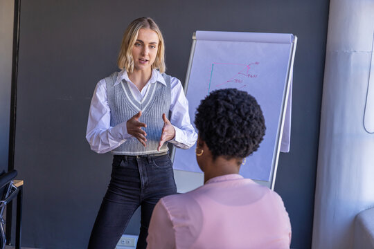 Diverse female coworkers presenting data on flip chart with line graphs in meeting room - Powered by Adobe