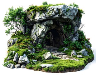 A rocky hillock with a dark, arched doorway overgrown with green moss and plants. Fantasy scene with weathered stone