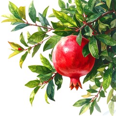 A vibrant red pomegranate hangs amidst lush green foliage on a branch, painted against a white background