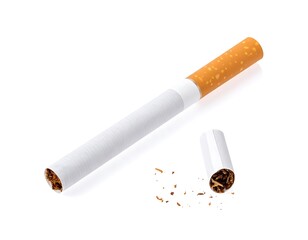 A broken cigarette with filter and tobacco pieces, lying on a white surface, under bright, natural light