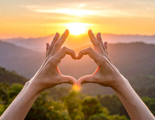 Hands creating a heart shape with a warm sunset over rolling hills and lush green trees Keywords: hands, heart