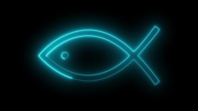 glowing neon Christian fish symbol icon animation on black background. Jesus fish symbol icon. 4k video animation.