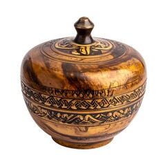A rounded wooden bowl with a lid featuring decorative carvings in a gold and dark brown pattern