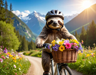 Obraz premium Faultier bei einer Fahrradtour in den Bergen