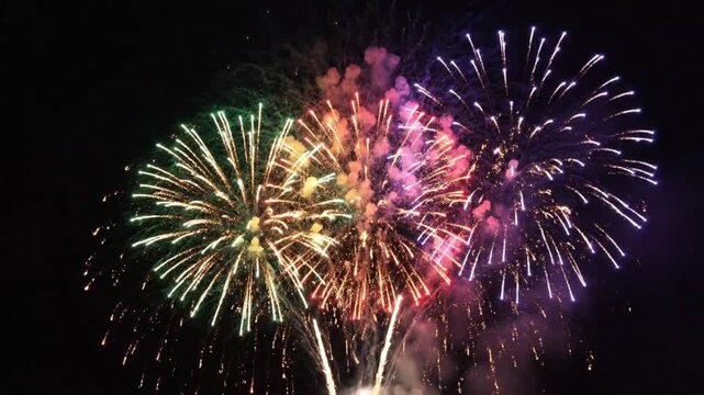  Layered fireworks bursts with realistic sparks and smoke, high-contrast colors against dark sky, semi-transparent for easy overlay in post-production