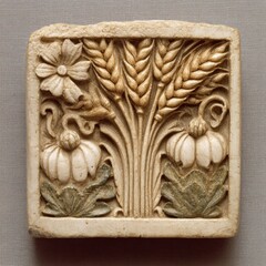 Intricate, square, carved relief depicts wheat stalks, flowers, and leaves in pale hues