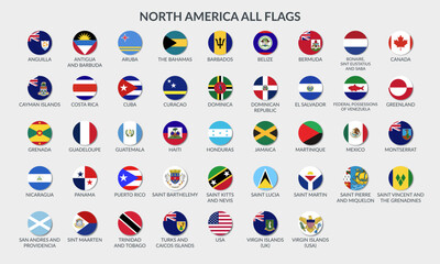 All flags of North America countries. Set of vector cliparts in flat style.