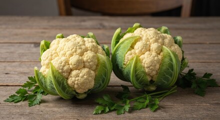 Two fresh cauliflowers with green leaves and parsley on a rustic wooden table