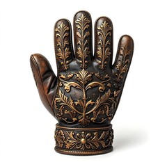 A brown hand sculpture with golden leaf decorations, standing on a base, on a white background