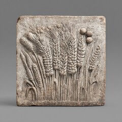 Square relief sculpture; wheat stalks and seed heads in shallow carved stone