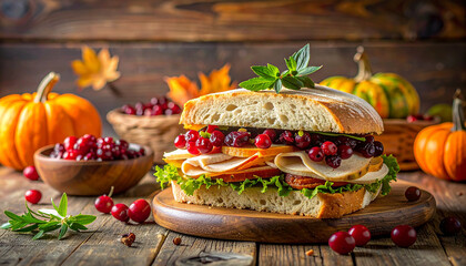 Hearty Thanksgiving Sandwich Filled With Turkey Cranberries Lettuce Cheese And Autumn Pumpkins Keywords: sandwich