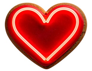 A brown gingerbread cookie with a glossy, vibrant red heart-shaped icing center against a stark white background