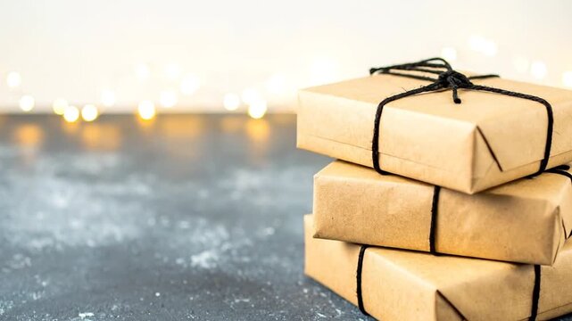 Three wrapped brown packages are stacked on a textured gray surface with twinkling bokeh lights in the background