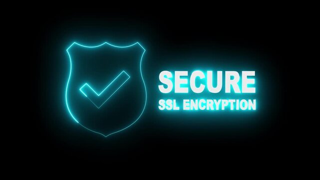 glowing neon Secure SSL Encryption Shield Icons isolated on black Background. Secure connection icon, flat style secured SSL shield symbols. SSL secure icons animation. 4k video animation.