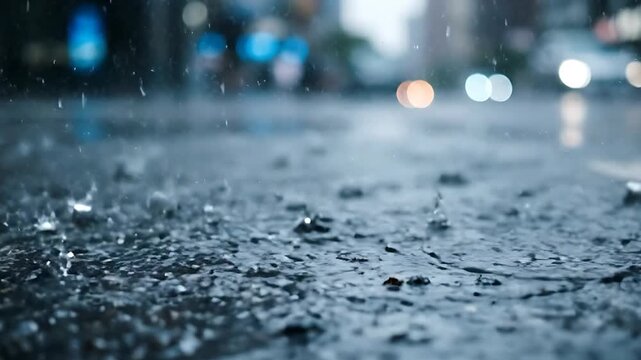 Close-up of Raindrops Splashing on Asphalt Street with City Bokeh Background