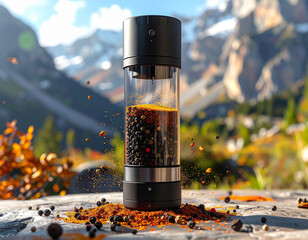 Modern black pepper grinder with mixed peppercorns spilling onto a stone surface with mountain landscape background