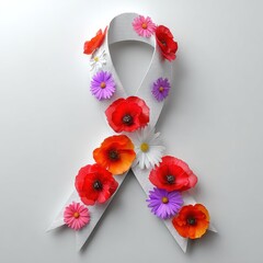 White ribbon adorned with colorful flowers, suggesting hope and support