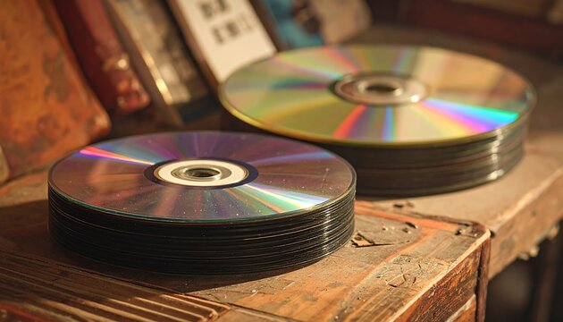 A stack of shiny CDs on a wooden table